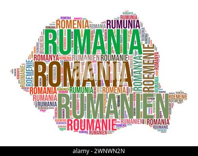 Rumänien Country Shape Word Cloud. Typografie-Stil Länderdarstellung. Rumänien Bild im Text Cloud Stil. Vektorabbildung. Stock Vektor