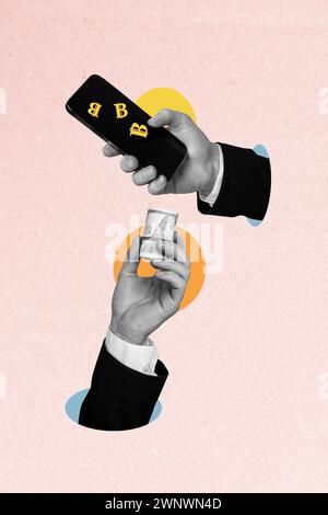 Vertikale kreative Bildcollage Wealth Money Konzept Online-Handel Dollar Bargeld Banknote Smartphone-Gerät Zeichnung Hintergrund Stockfoto