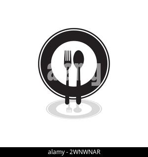 Symbol für Platte, Gabel und Messer in flacher Ausführung. Symbol „Lebensmittel“ Symbol „isolierte Platte“. Illustration des flachen Vektors in Schwarz auf weißem Hintergrund. EPS 10 Stock Vektor