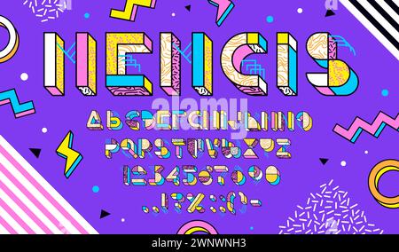 3D memphis abstrakte Schriftart, Blockart, geometrische Schriftart, traditionelles englisches Alphabet. Farbenfrohe dreidimensionale abc-Typografie, Buchstaben, Zahlen und Symbole im zeitgenössischen Grafikstil Stock Vektor