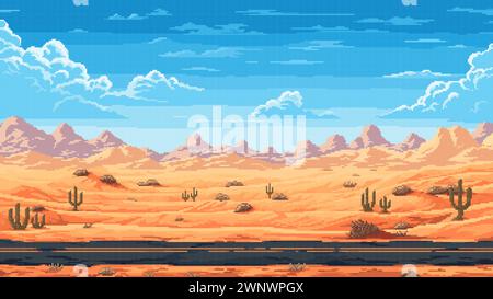 Retro 8 Bit Pixel amerikanische oder mexikanische Wüstenlandschaft mit Kakteen. Pixel-Kunst-Spiel-Vektor-Hintergrund der leeren Canyon Highway Straße mit Bergen am Horizont, Sand und Felsen unter blauem Himmel Stock Vektor