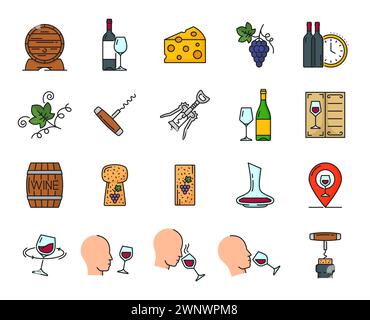 Symbole für Weinkonturen. Weingut, Spirituosengeschäft oder -Geschäft, Restaurant Getränkemenü dünne Linien Vektorsymbole und Zeichen von Eichenfass, Käsescheibe, Wein- und Champagnerflasche, Korkenzieher und Sommelier Stock Vektor