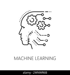Maschinelles Lernen, das Symbol für künstliche Intelligenz, verfügt über einen stilisierten menschlichen oder Roboterkopf mit verbundenen Knoten und Schaltkreisen, die neuronale Netzwerke und datengesteuerte Algorithmen symbolisieren Stock Vektor