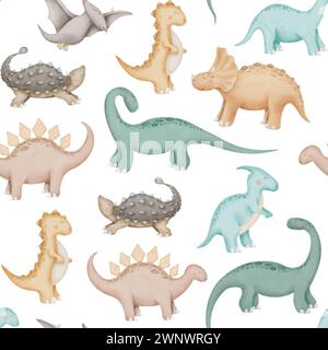 Dinosaurier Aquarell nahtloses Muster. Niedliches Dino-Babymuster. Handgezeichnet auf isoliertem weißem Hintergrund. Zeichentrickzeichnung für Tierfiguren. Lustige Illustration für Stoffe und Kinderbettwäsche. Stockfoto