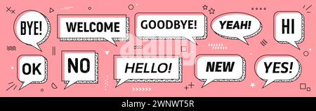 Memphis Sprachblasen isolierter Vektorsatz. Weiße Dialogfelder oder Wolken mit dicken Umrissen und dynamischer visueller Typografie Hi, bye, nein, ok und yeah, willkommen. auf Wiedersehen, neu und ja auf rosa Hintergrund Stock Vektor