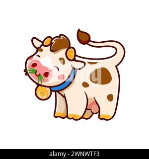 Niedliche Kuh-Zeichentrickfigur oder Maskottchen, die Gras essen. Rinder Tier Baby Personage, Bullen Comic Charakter oder Ochsen nettes isoliertes Vektor Maskottchen. Lustige Kuh mit Glocke am Hals, frisches Gras kauen Stock Vektor