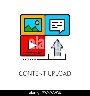 Symbol für Content Upload, CMS, Content Management System. Isolierte Vektor-dünne Sprechblase, Pfeil nach oben, Wiedergabetaste und Zeichen für Bildmedien. Lineares Symbol für die einfache Organisation von Website-Inhalten Stock Vektor
