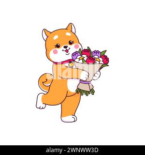 Cartoon Japanische Hündchenfiguren, glückliche Shiba Inu Hündchenfiguren, süße Kawaii Hündchenfigur. Lustiger kleiner japanischer Hund, niedliches Tier Haustier Maskottchen, Shiba Inu isolierter Vektor komischer Charakter mit Blumenstrauß Stock Vektor