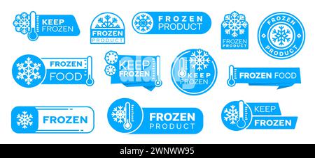 Blaue Symbole, Etiketten und Abzeichen für kalte Produkte. Isolierte Vektorsätze mit Schneeflocken oder Frost und Thermometersymbolen. Elemente für Verpackungen oder Frostschutzmittel Stock Vektor