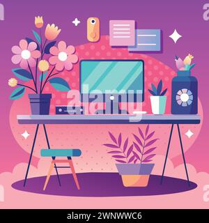 Ein Computerpult mit Monitor, Tastatur und einer Tasse Kaffee Stock Vektor