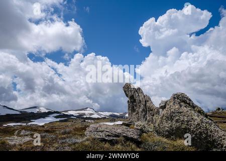 Blick vom Aussichtspunkt Kosciuszko zum Berg Kosciuszko im Sommer, Kosciuszko Nationalpark, New South Wales, Australien Stockfoto