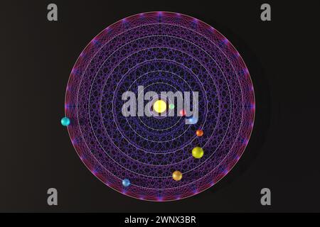 Eight colorful metallic spheres and white circles on circular purple line art in the dark background. Concept of planets orbiting in the solar system Stockfoto
