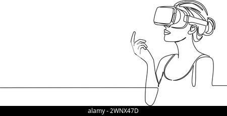 Durchgehende einzeilige Zeichnung einer Frau, die VR-Headset trägt, Strichgrafik-Vektor-Illustration Stock Vektor