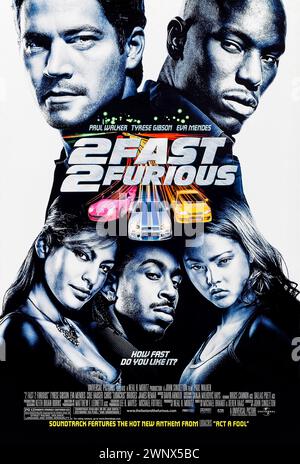 2 Fast 2 Furious (2003) von John Singleton mit Paul Walker, Tyrese Gibson und Cole Hauser. Der ehemalige Polizist Brian O'Conner ist aufgerufen, einen gefährlichen Kriminellen zu verhaften und er rekrutiert die Hilfe eines ehemaligen Jugendfreundes und Straßenrennfahrers, der die Chance hat, sich zu erlösen. Foto eines Original-Posters aus dem Jahr 2003 (US-1-Blatt). ***NUR REDAKTIONELLE VERWENDUNG*** Credit: BFA / Universal Pictures Stockfoto