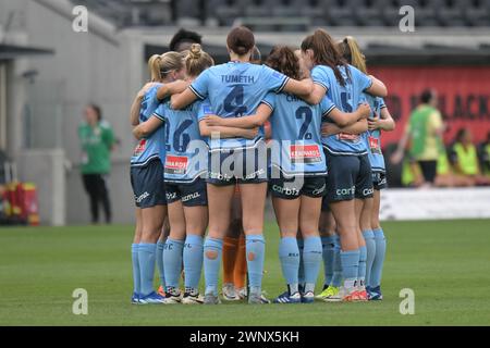 Parramatta, Australien. März 2024. Das Sydney FC-Team wird während des 18. Runde-Spiels der Liberty A-League 2023/24 zwischen Western Sydney Wanderers FC und Sydney FC im CommBank Stadium gespielt. Endstand Sydney FC 2:0 Western Sydney Wanderers. Quelle: SOPA Images Limited/Alamy Live News Stockfoto