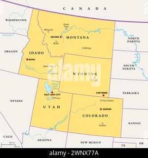 Rocky Mountain Region der Vereinigten Staaten, politische Karte. Die Rocky Mountains, kurz Rockies, trennen den Westen der Vereinigten Staaten von den Great Plains. Stockfoto