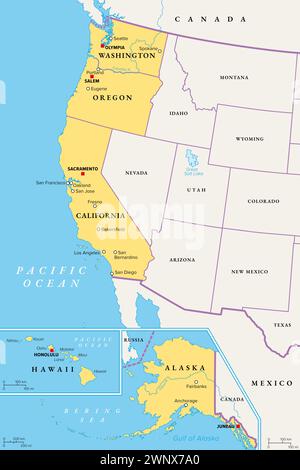 Westküstenregion der Vereinigten Staaten mit Alaska und Hawaii, politische Karte. Auch bekannt als Pazifikküste, Pazifikküste und Westküste. Stockfoto