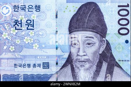 Südkorea 1000 Won-Banknote mit Porträt von Yi Hwang (1501–1570). Koreanischer Philosoph, Schriftsteller und konfuzianischer Gelehrter der Joseon-Dynastie Stockfoto