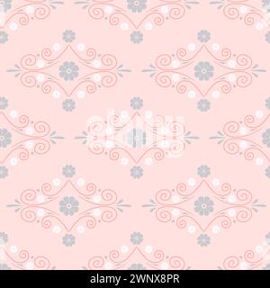 Nahtloses Muster mit weißen Wirbeln und kleinen Blumen auf pastellrosa Hintergrund Stock Vektor