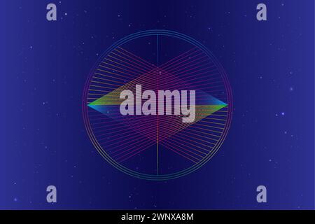 Linienüberlappung, Dreiecke auf Kreis, geometrisches Design-Konzept des Logos. Vektorfarbenes Spektrum Gradientenlinien isoliert auf Sternengalaxie Hintergrund Stock Vektor
