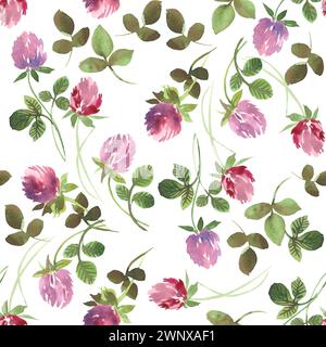 Hintergrundmuster nahtlose Karte mit Kleeblümchen Stiele Blätter, Aquarell auf Papier, St. patrick Stockfoto