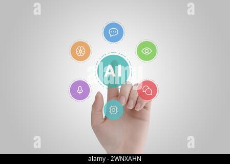 Berühren Sie mit der Hand die KI-Symbole: Konzept der Entwicklung der KI-Technologie mit menschlicher Berührung. Symbole stehen für Sprachverarbeitung, Bildverarbeitung und Maschinenlear Stockfoto