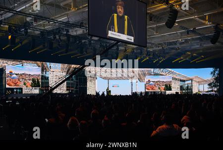 Berlin, Deutschland. März 2024. Salim bin Mohammed Al Mahrouqi, Minister für Kulturerbe und Tourismus des Sultanats Oman, spricht auf der Eröffnungsveranstaltung der ITB 2024. Unter dem Motto „Together“ erwartet die Internationale Tourismusbörse (ITB) Berlin vom 5. Bis 7. März 2024 Fachbesucher aus aller Welt auf dem Berliner Messegelände. Das Partnerland dieses Jahres ist Oman. Quelle: Bernd von Jutrczenka/dpa/Alamy Live News Stockfoto