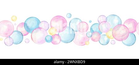 Nahtloser Rand aus rosa, blauen, gelben Polka Dots. Mehrfarbiger Kreis in sanften Pastellfarben. Kreativer, minimalistischer Stil. Spritzer, Blasen Stockfoto