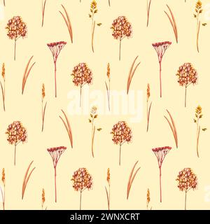 Nahtloses Muster mit getrockneten Hortensie, Wiesenblättern und wildem trockenem Gras. Vintage Tapete im Boho-Stil mit Kräutern und Wildblumen. Floral Natural Stockfoto