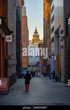 Blick auf das Lebergebäude entlang der Schulstraße Liverpool. Stockfoto