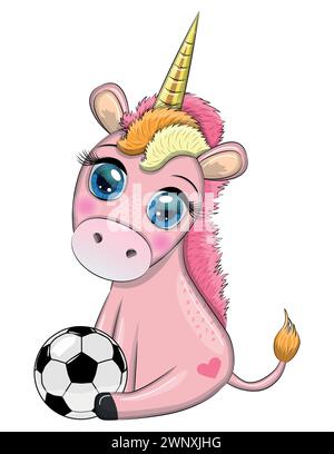 Niedliche Cartoon Einhorn mit Fußball, Sommer, Kinderspiele, Club. Stock Vektor