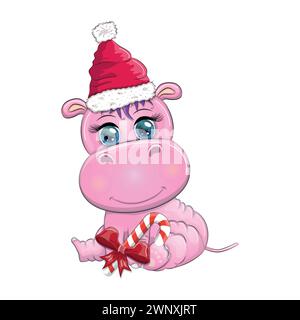 Niedliches Cartoon-Hippo mit Weihnachtsmütze, Weihnachtskugel und Zuckerrohr. Neujahr und Weihnachtsfeiertage. Stock Vektor
