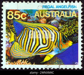 AUSTRALIEN - UM 1984: Eine in Australien gedruckte Briefmarke aus der "Marine Life"-Ausgabe zeigt einen königlichen Angelfisch Stockfoto