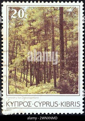 ZYPERN - UM 1985: Ein in Zypern gedruckter Stempel aus der Ausgabe "Zyperns Szenen und Landschaften" zeigt Forstwirtschaft für die Entwicklung Stockfoto