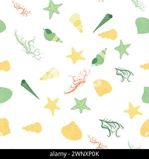 Gelbes nahtloses Muster mit Seesternen, Korallen, Perlen und Muscheln. Vektorhintergrund mit Meeresmotiv Stock Vektor