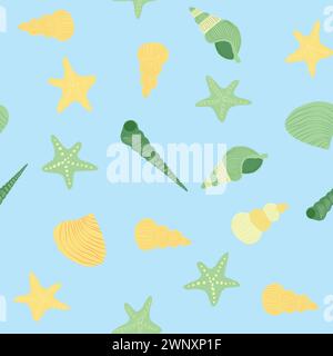 Gelbes nahtloses Muster mit Seesternen, Korallen, Perlen und Muscheln. Vektorhintergrund mit Meeresmotiv Stock Vektor