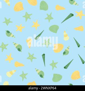 Gelbes nahtloses Muster mit Seesternen, Korallen, Perlen und Muscheln. Vektorhintergrund mit Meeresmotiv Stock Vektor