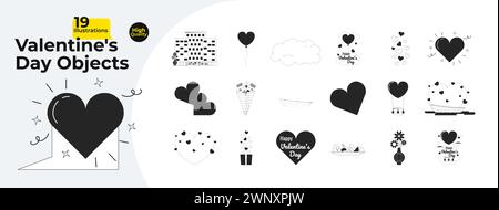 Romantische 2D-Zeichentrickobjekte zum Valentinstag in Schwarz und weiß Stock Vektor