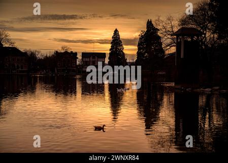 Goldener Sonnenuntergang am Puigcerdà-Teich an einem Winternachmittag (Cerdanya, Girona, Katalonien, Spanien, Pyrenäen) ESP: Atardecer dorado en el lago de Puigcerdà Stockfoto