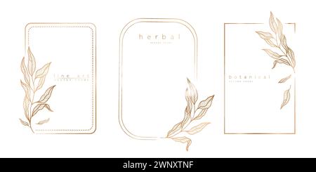 Satz von Rahmenvorlagen im minimalen linearen Stil mit handgezeichneten Zweigen und Blättern. Eleganter Rahmen. Botanische Vektorillustration für Etiketten, Unternehmen Stock Vektor