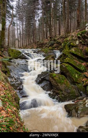 Szepit-Wasserfall am Hylaty-Fluss. Bieszczady Mountains. Ostkarpaten, Polen. Stockfoto