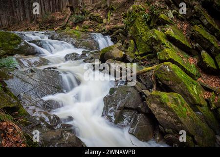 Szepit-Wasserfall am Hylaty-Fluss. Bieszczady Mountains. Ostkarpaten, Polen. Stockfoto