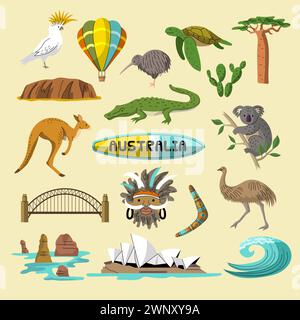 Symbole für Australien. Native Identitätselemente australiens aktuelle Vektor-nationale Illustrationen in flachem Stil Stock Vektor