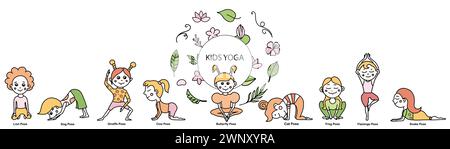 Set aus Yoga-Tierpositionen für Kinder und tropischen Blättern, Blumen, Zweigen. Vektor-Zeichentrickillustration im Doodle-Stil. Stock Vektor