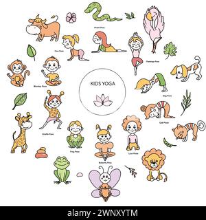 Set aus Yoga-Tierpositionen für Kinder und tropischen Blättern, Blumen, Zweigen. Vektor-Zeichentrickillustration im Doodle-Stil. Stock Vektor