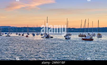 Sonnenaufgangspanorama Am Bodensee. Morgensonnenlicht Über Ruhigem Wasser. Stockfoto