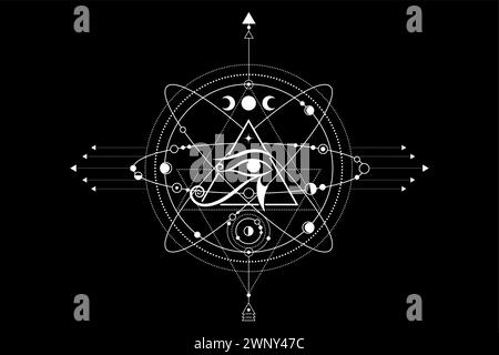 „Eye of Horus“-Logo. Das antike Symbol der ägyptischen Pyramide, drittes Auge, kosmische Symbole, Planetenumlaufbahnen, Mondsystem. Weißer Vektor isoliert Stock Vektor