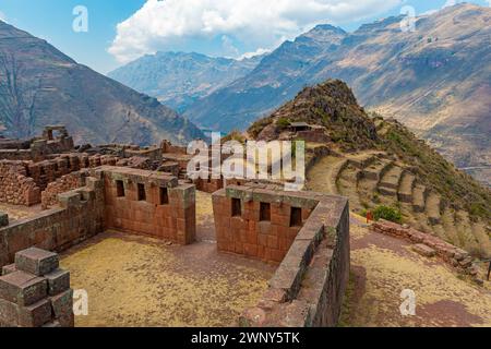 Inka-Ruinen von Pisac im Sommer, Cusco, Peru. Stockfoto