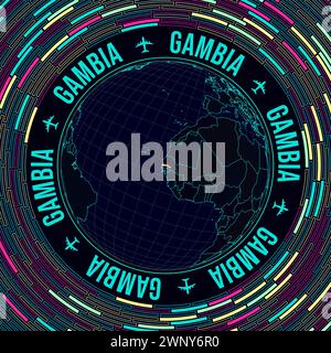 Gambia auf der Welt. Satellitenansicht der Welt im Zentrum von Gambia. Leuchtender Neonstil. Futuristischer Radialziegelhintergrund. Stock Vektor