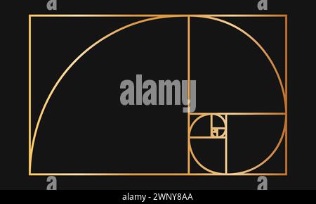 Vorlage „Golden Ratio“. Goldene logarithmische Spirale in rechteckigem Rahmen geteilt auf Quadrate. Fibonacci-Sequenzraster. Leonardo da Vinci: Göttliches Verhältnis. Ideales natursymmetrisches Layout. Vektorabbildung. Stock Vektor